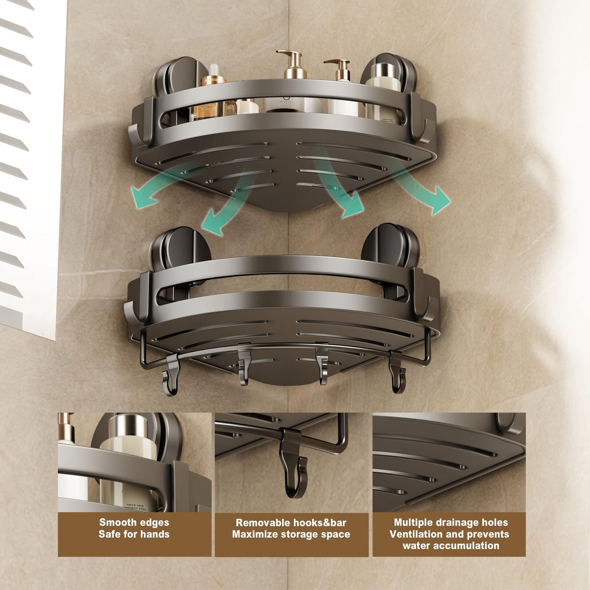 Volpone removable hooks for versatile bathroom organization.