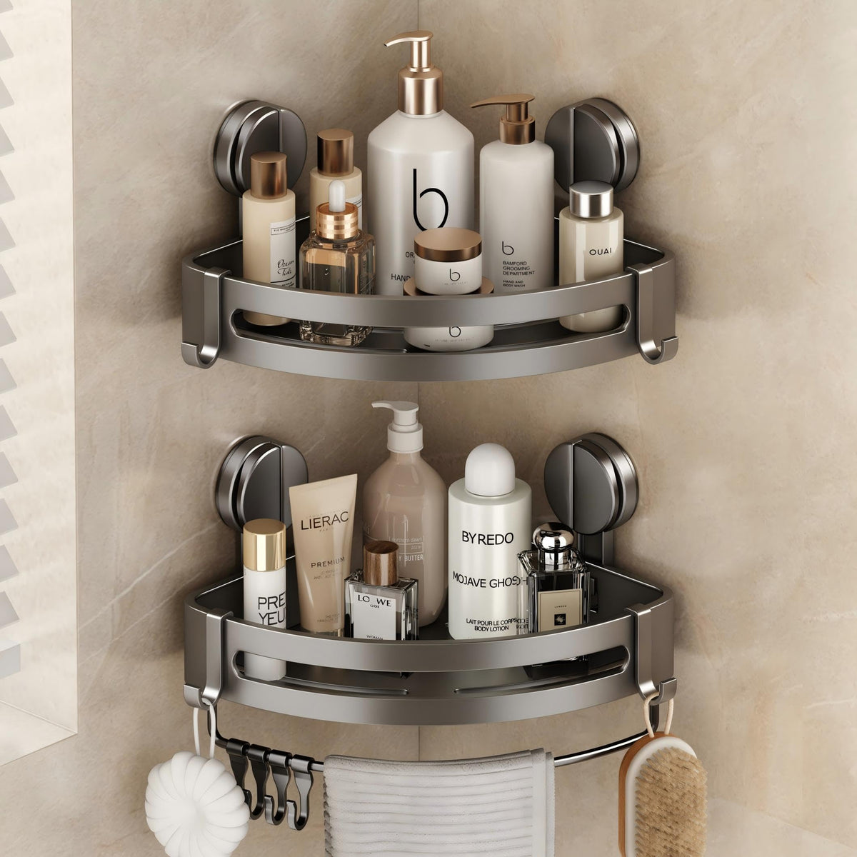 Volpone shower caddy with suction cup triangle offers secure corner mounting.