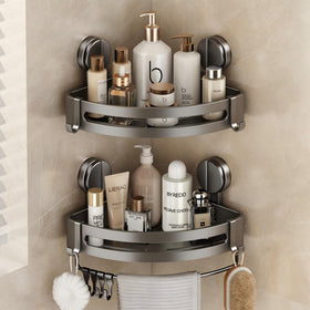 Volpone shower caddy with suction cup triangle offers secure corner mounting.