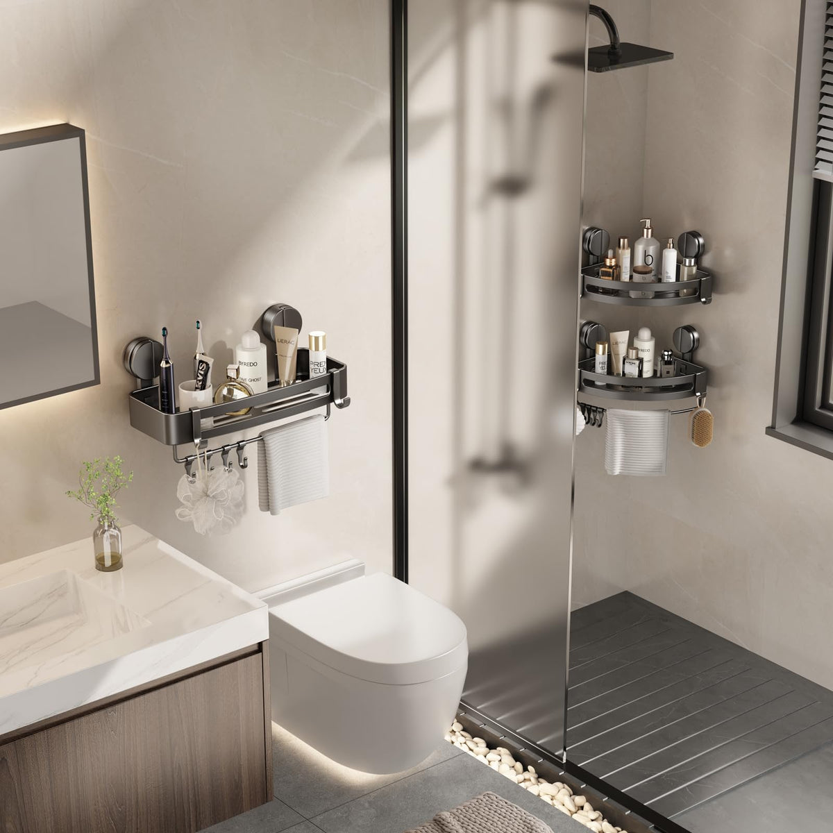 Volpone shower caddy with towel bar adds drying space.