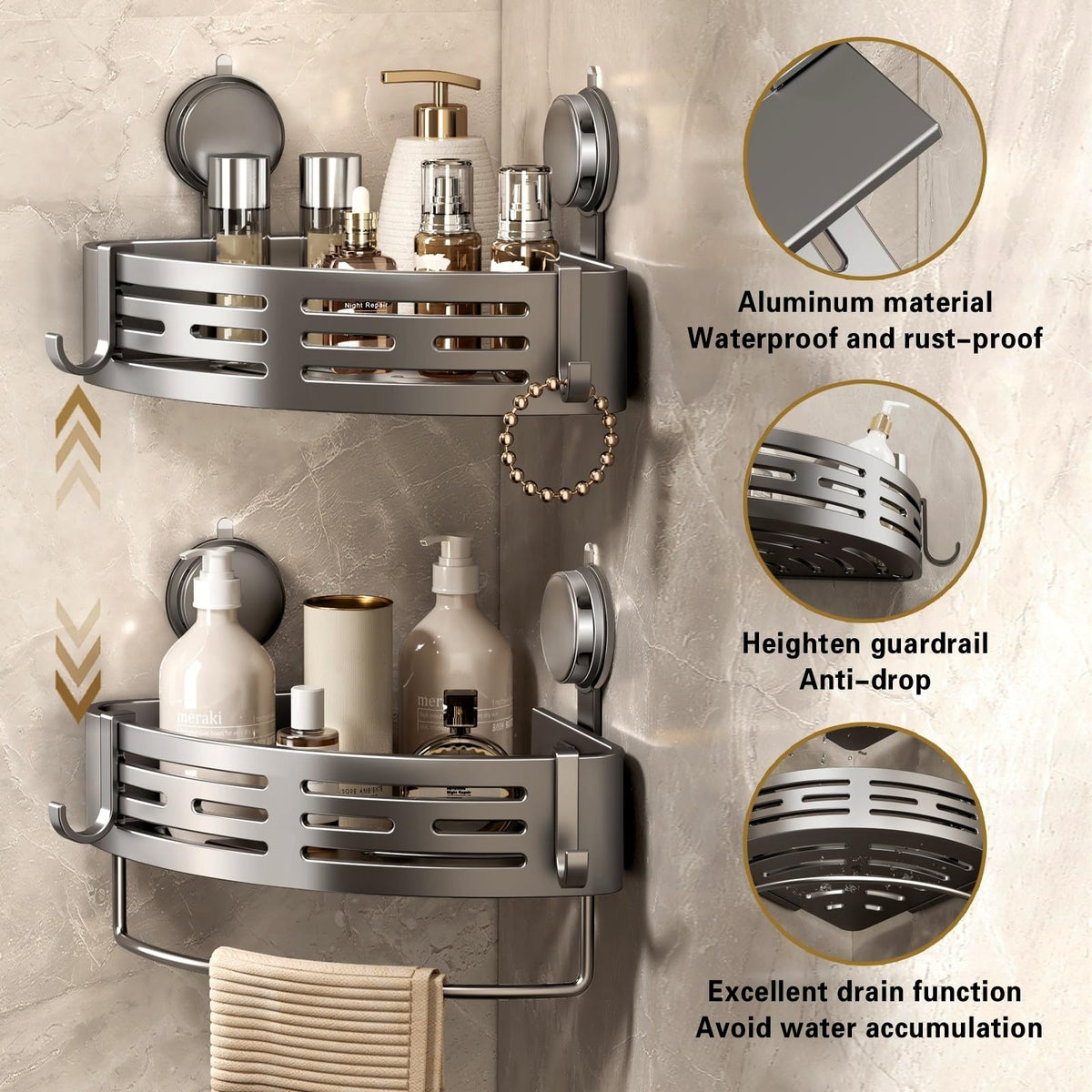 VOLPONE shower shelf measures 8.6 by 8.6 by 11.5 inches