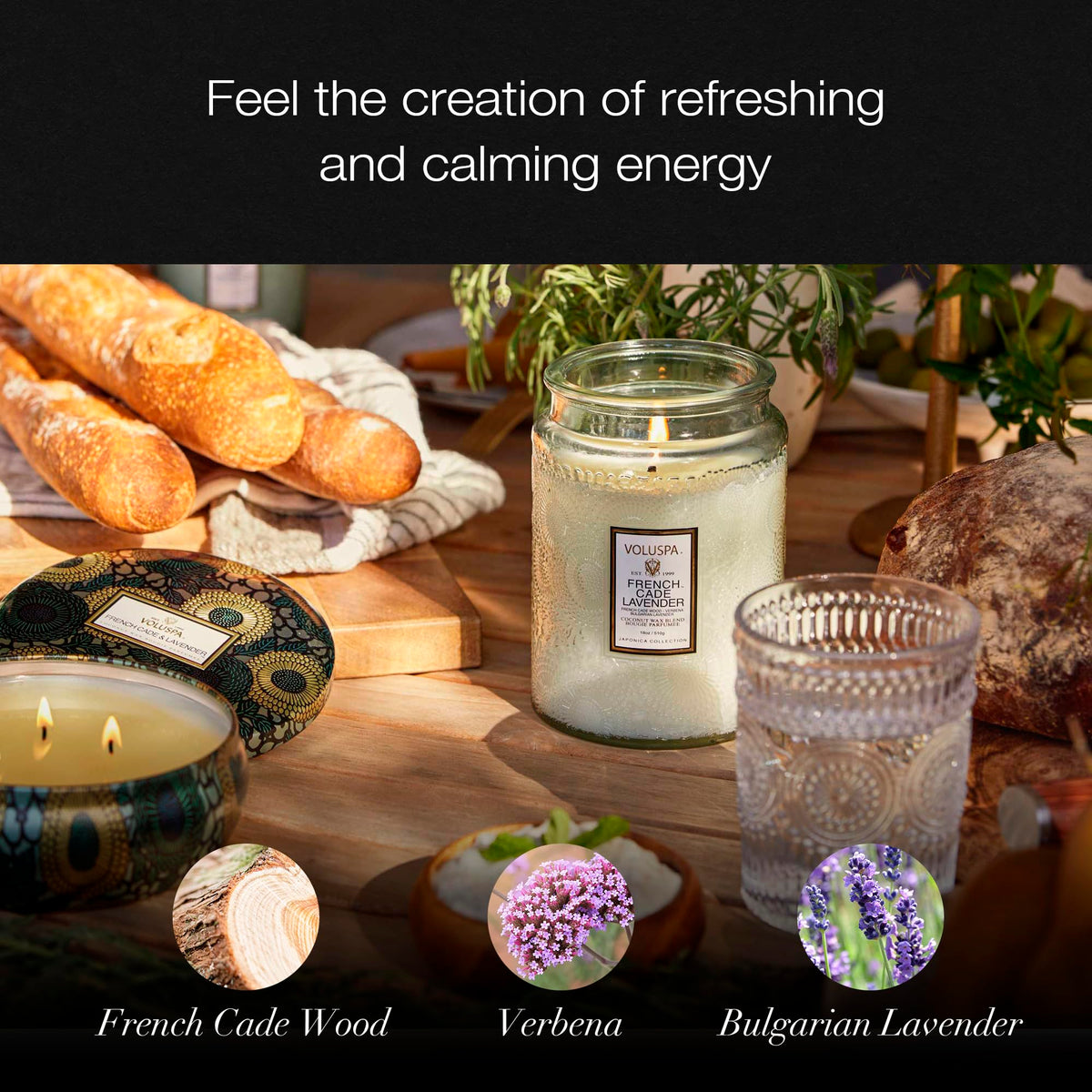 Voluspa 18oz jar on surface emphasizes substantial size and long-lasting aroma.