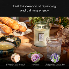 Voluspa 18oz jar on surface emphasizes substantial size and long-lasting aroma.