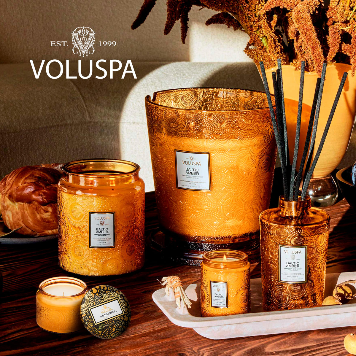 Voluspa Baltic Amber label close up conveys premium branding and aroma notes