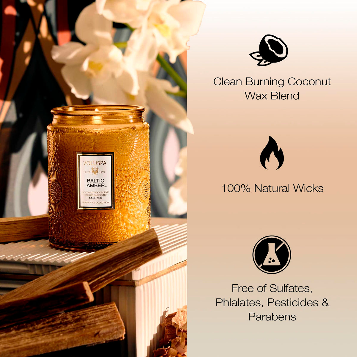Voluspa Baltic Amber jar design adds vintage charm to home decor.