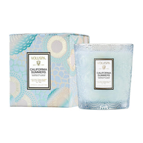 Voluspa California Summers candle jar with embossed glass for bright, inviting rooms