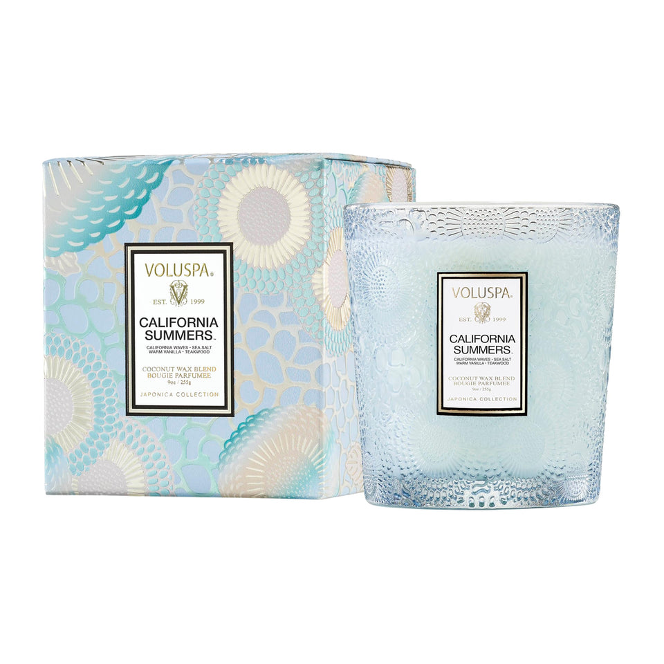 Voluspa California Summers candle jar with embossed glass for bright, inviting rooms