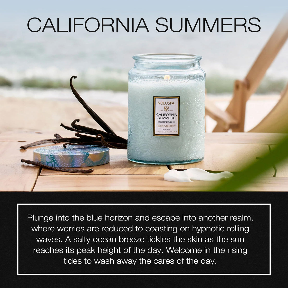 Voluspa California Summers candle with metal lid keeps jar clean between uses.