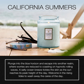 Voluspa California Summers candle with metal lid keeps jar clean between uses.