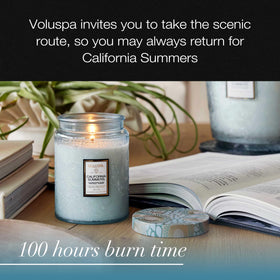 Voluspa California Summers scent notes evoke sea salt and vanilla for coastal vibes.