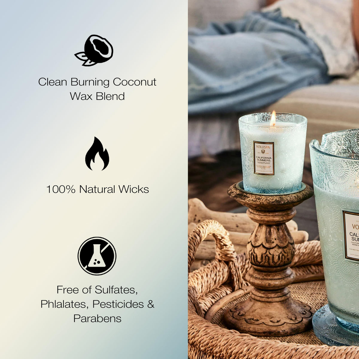 Voluspa coconut wax blend emphasizes clean burn and long-lasting fragrance