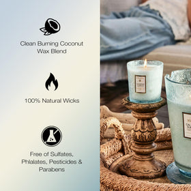 Voluspa coconut wax blend emphasizes clean burn and long-lasting fragrance