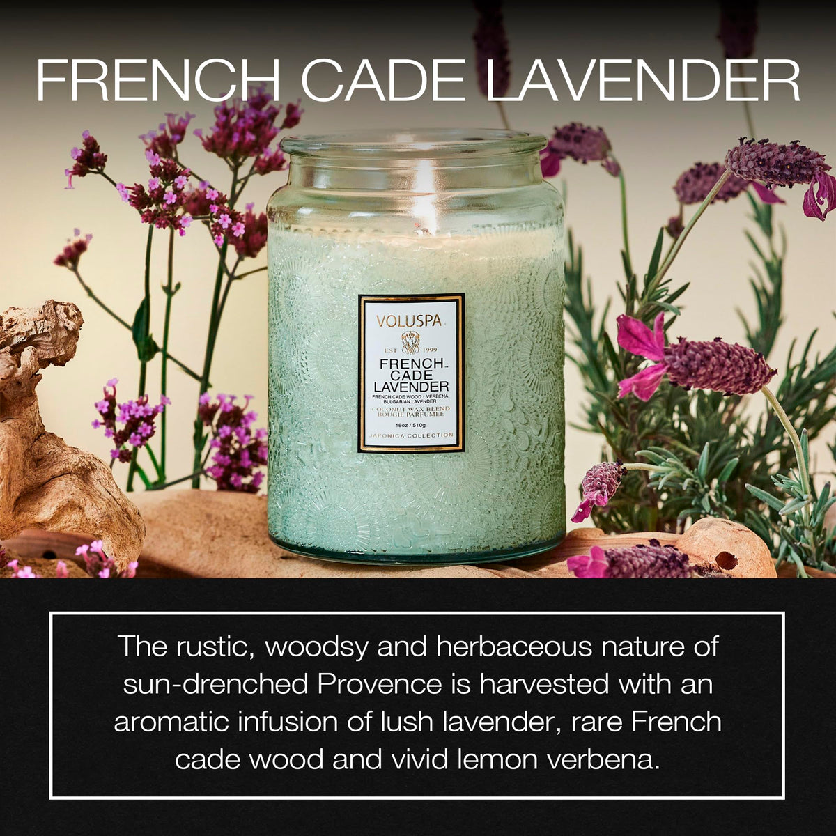 Voluspa coconut wax blend close-up highlighting clean burn and rich scent.