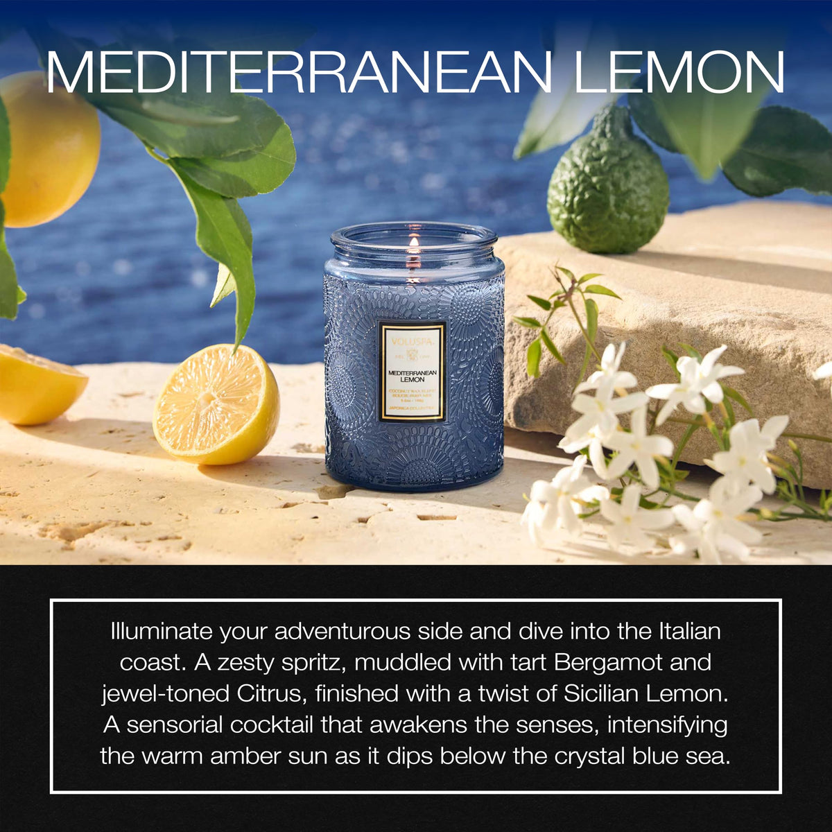 Voluspa embossed glass jar with lid showcases elegant packaging and keeps scent pristine.