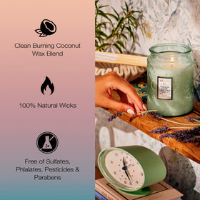 Voluspa floral print jar detail adds decorative touch to any room.