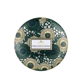 Voluspa French Cade Lavender 3-wick tin candle, 12oz, delivering a cozy, balanced scent.