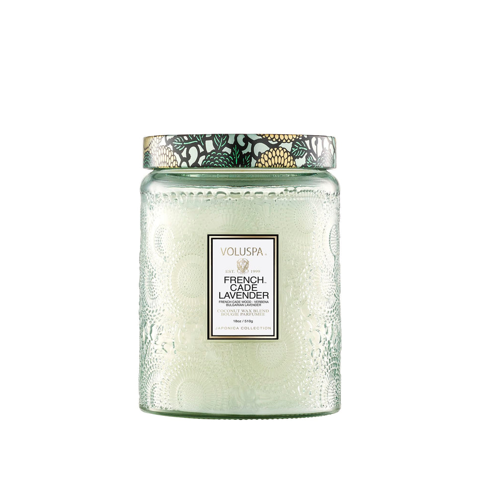 Voluspa French Cade Lavender candle jar showcasing elegant packaging for home fragrance.