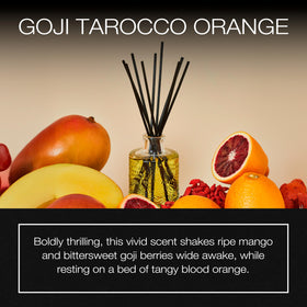 Voluspa diffuser reeds release balanced notes of goji tarocco orange for a calm evening.