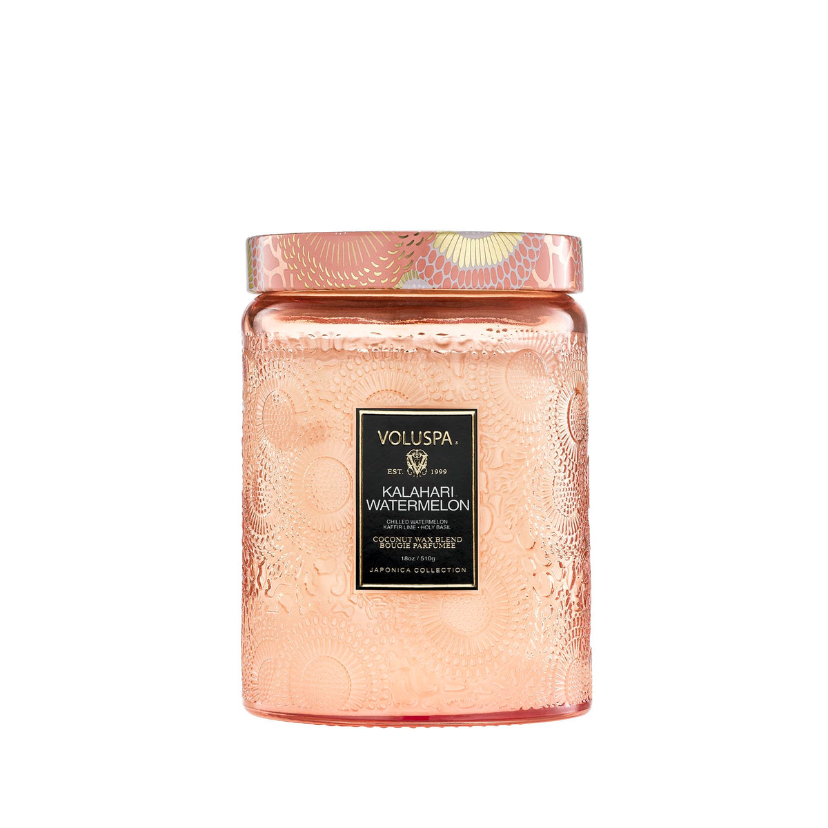 Voluspa Kalahari Watermelon jar front shows stylish decor appeal
