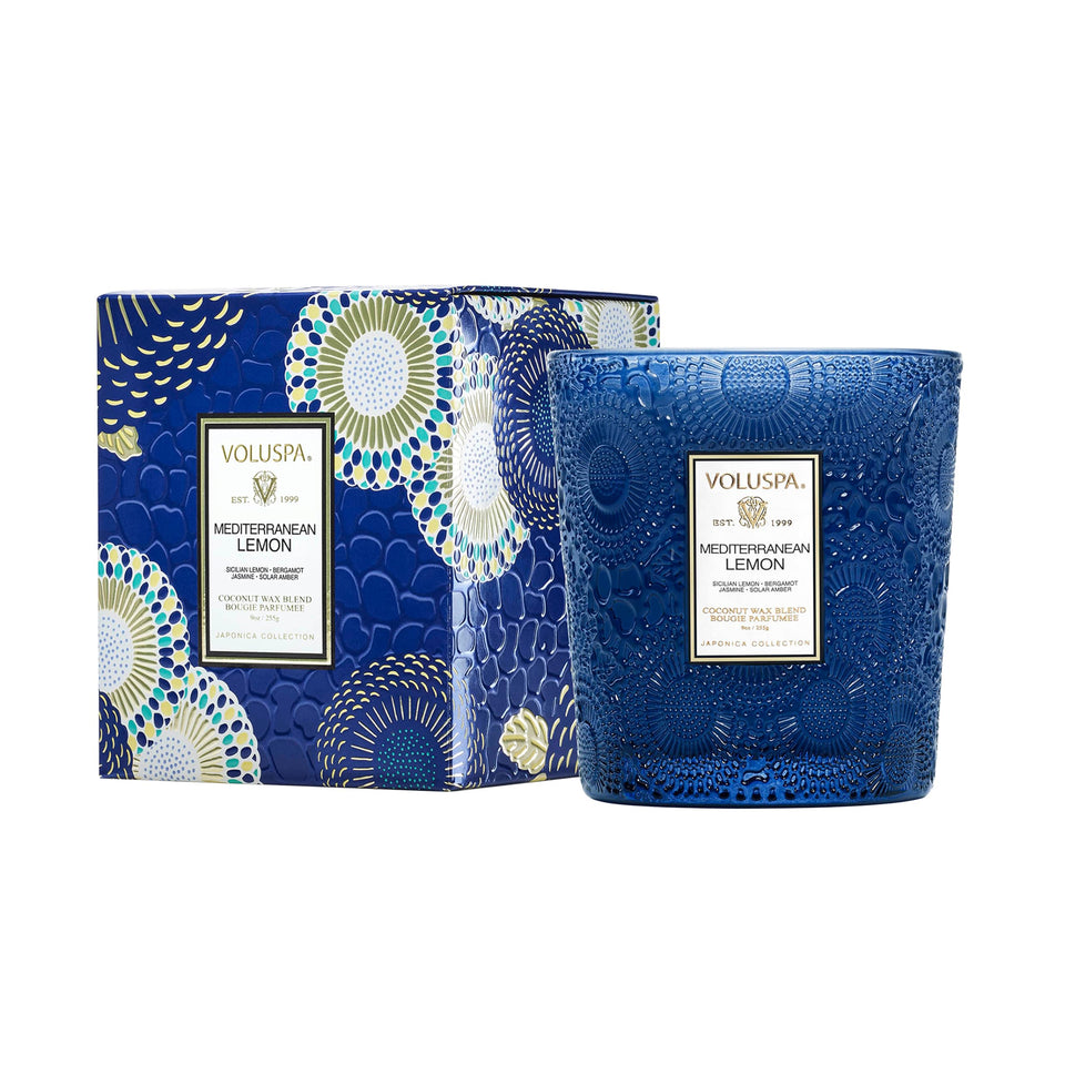 Voluspa mediterranean-lemon-candle-jar elevates room ambiance with embossed glass.