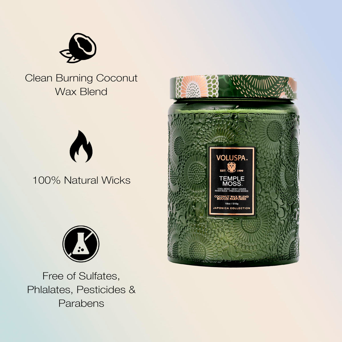 Voluspa Temple Moss 100-hour burn time delivers enduring fragrance throughout evenings.