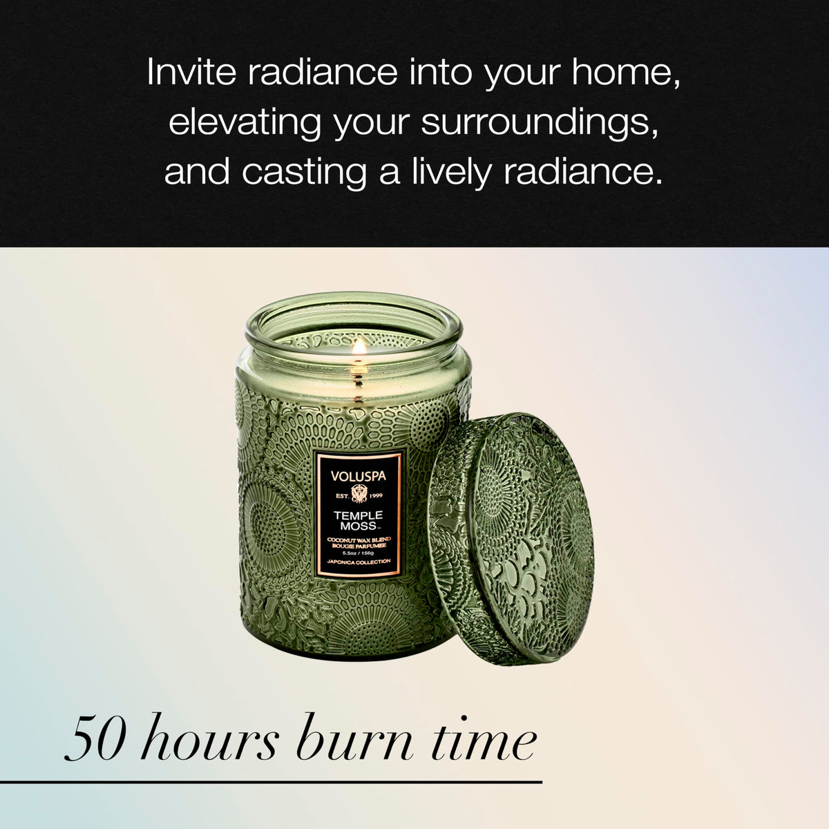 Voluspa Temple Moss ambient glow enhancing living spaces with earthy notes.