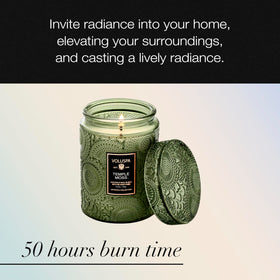 Voluspa Temple Moss ambient glow enhancing living spaces with earthy notes.