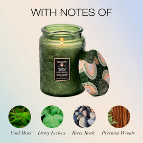 Voluspa Temple Moss candle jar glow enhances cozy living rooms with rich notes.