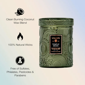 Voluspa Temple Moss jar with wick illustrating sturdy glass and long-lasting fragrance.