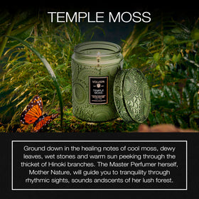 Voluspa Temple Moss label detail highlighting elegant design and premium craftsmanship.
