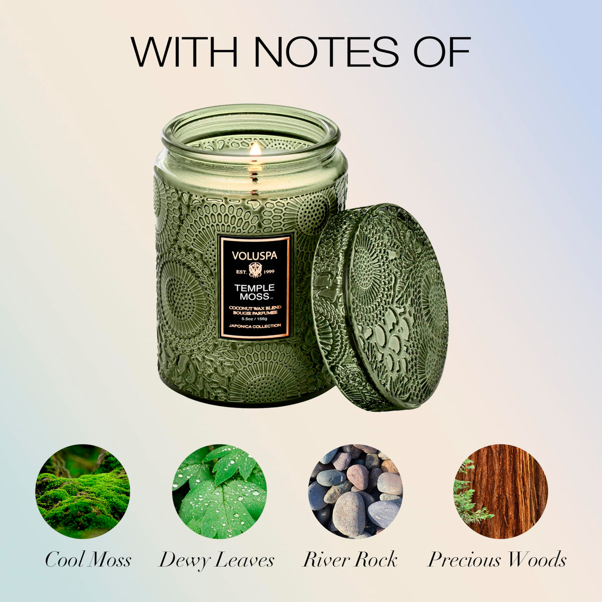 Voluspa Temple Moss wax closeup showcasing coconut wax texture and clean burn potential.