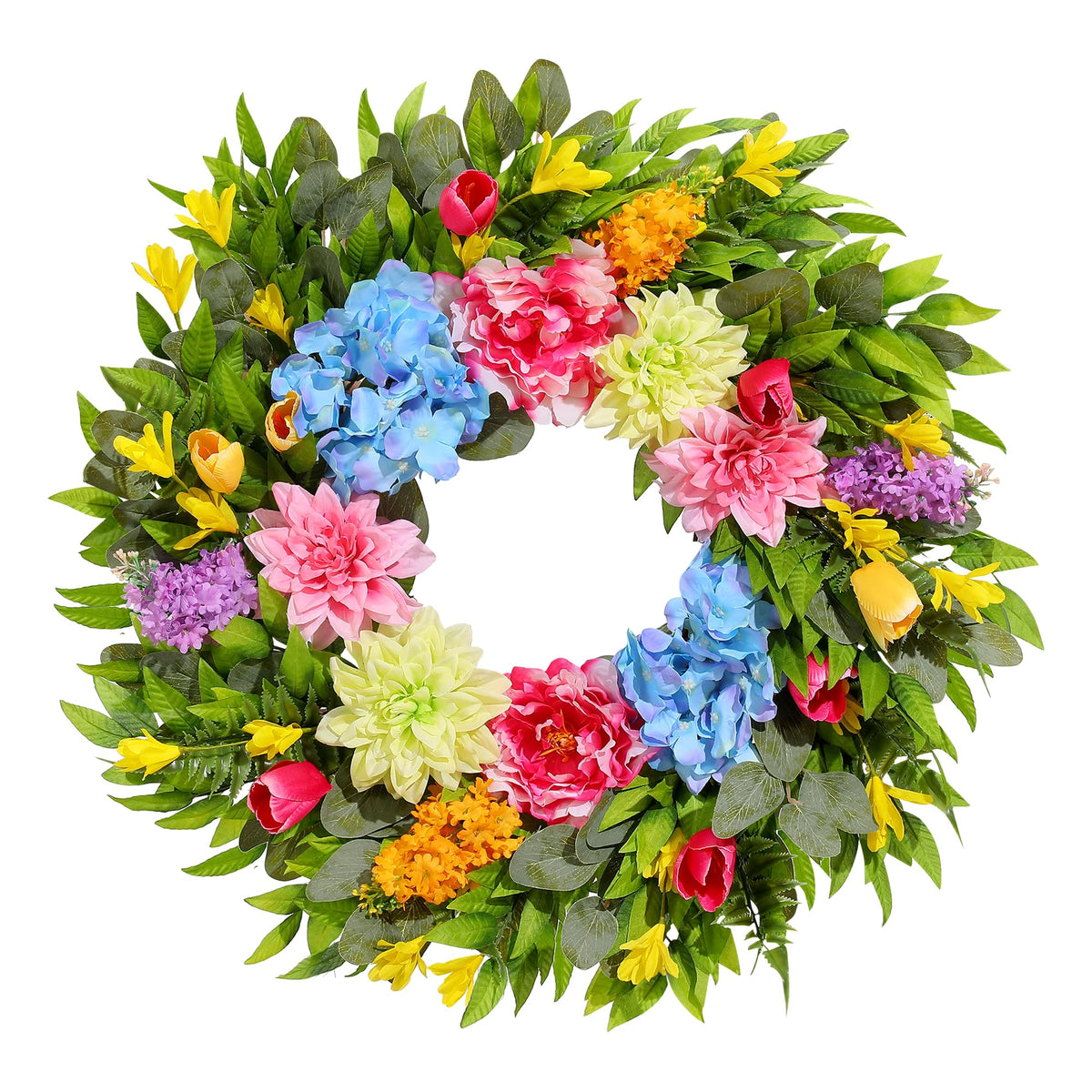 VoMii 18-inch wreath with dahlias and hydrangeas adds vibrant front-door charm