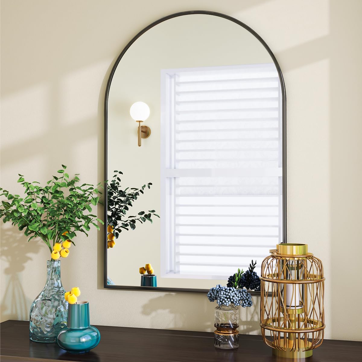 VooBang arched vanity mirror suits entryways and living spaces with timeless black frame.