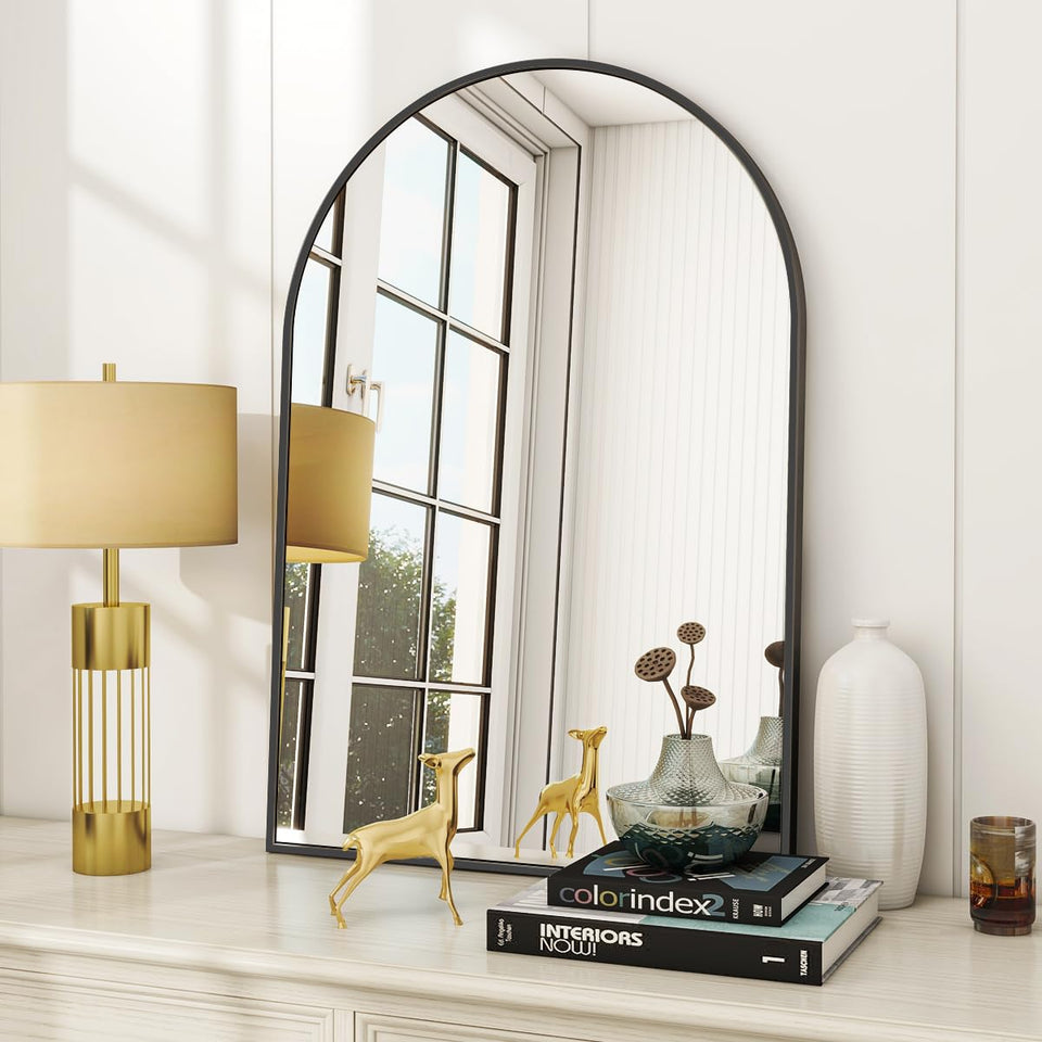 VooBang arched wall mirror front view shows a sleek black frame and expansive reflection in any bath.