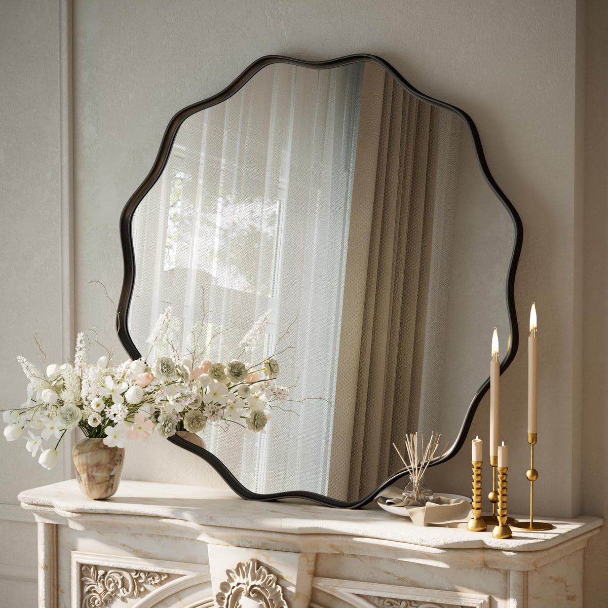 VooBang mirror edge detail; textured frame adds vintage charm to any room.