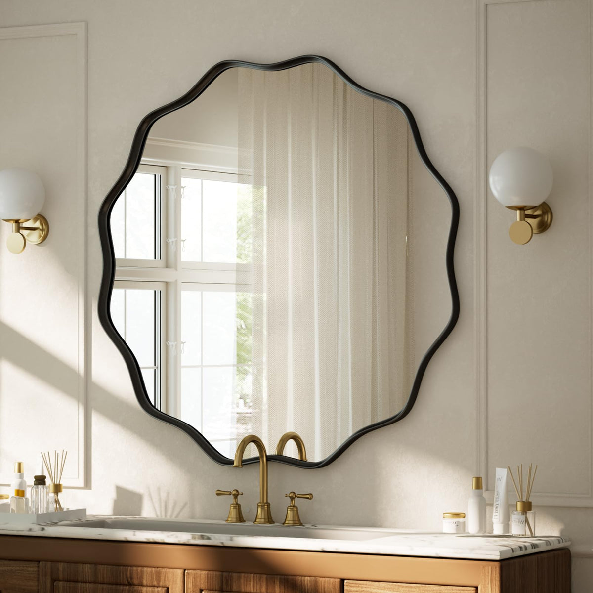 VooBang bathroom usage; maintains clear reflection with simple cleaning.