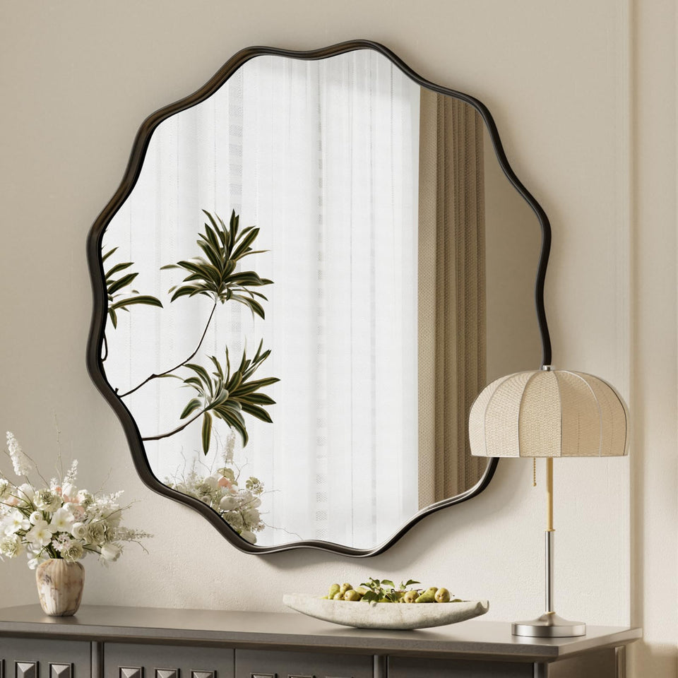 VooBang black scalloped circle mirror front view; elegant wavy edge for stylish bathrooms.