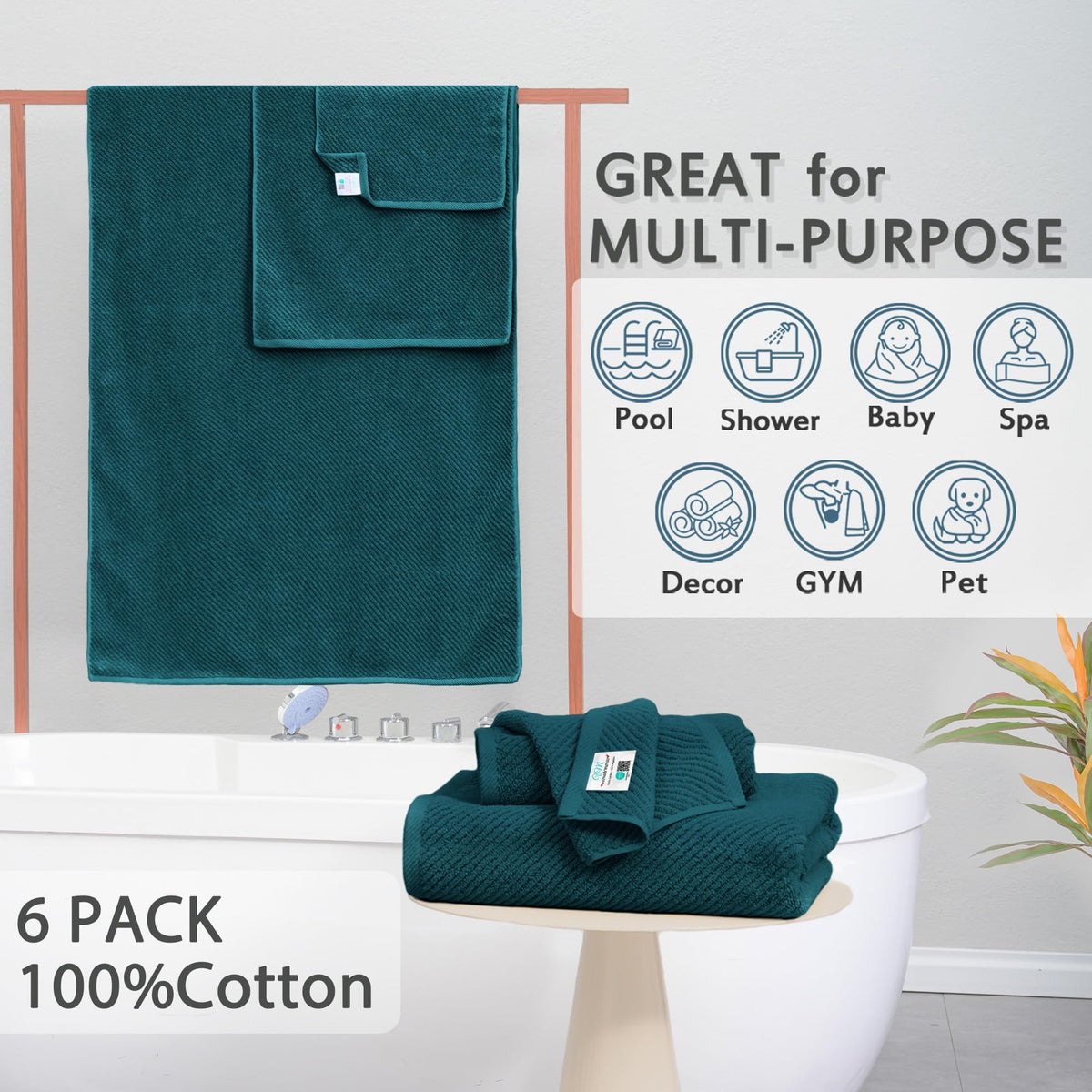 VOOVA MOVAS deep teal bath towels draped to emphasize thickness and lightweight feel
