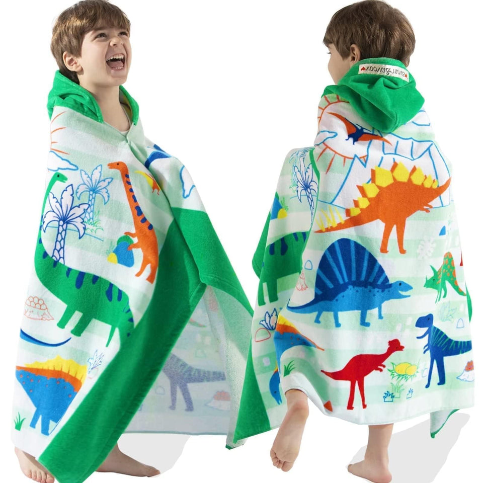 VOOVA & MOVAS dinosaur hooded towel front view for quick drying after bath