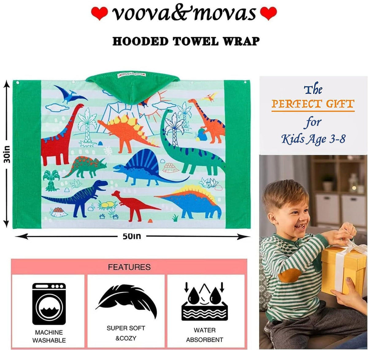 VOOVA & MOVAS dinosaur hooded towel soft cotton close-up emphasizes gentle skin
