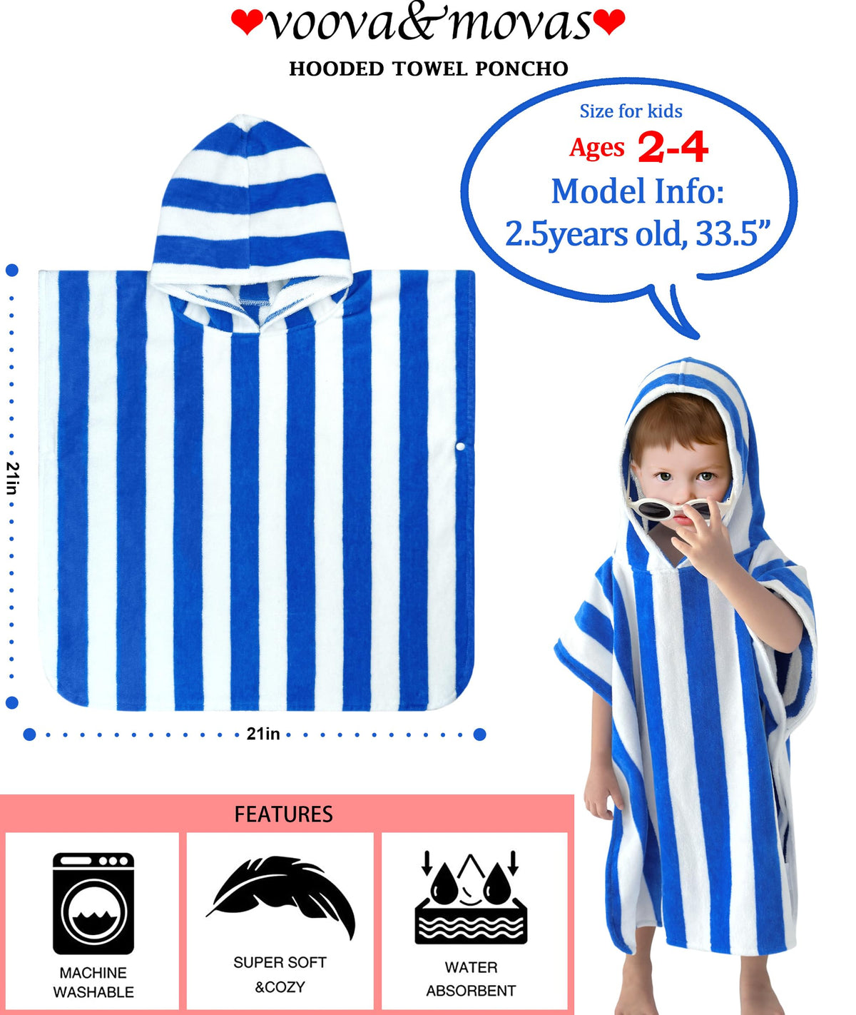 VOOVA & MOVAS hooded towel close-up, 100% cotton absorbent fibers ideal for quick drying after bath.