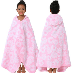 VOOVA & MOVAS hooded towel for kids with pink daisy pattern, soft and absorbent.