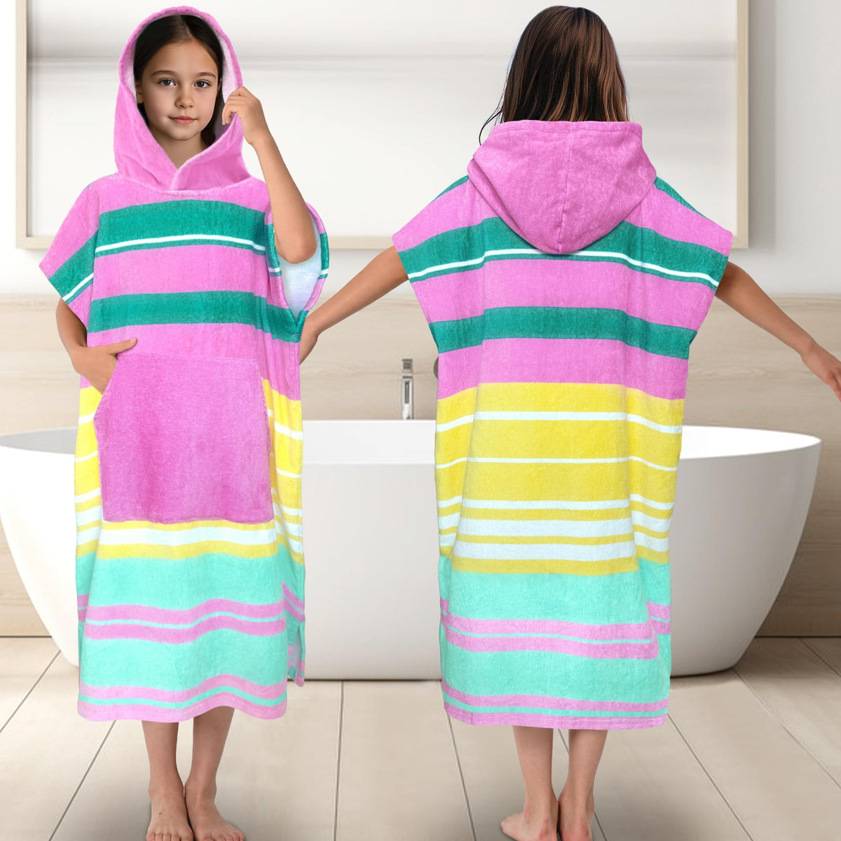 VOOVA & MOVAS hooded towel robe pool scene; plush, quick-drying after swim.