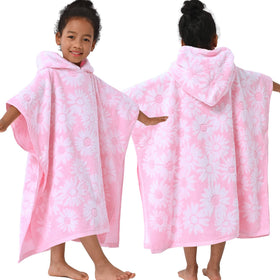 VOOVA & MOVAS thick hooded bath towel poncho in pink daisy pattern, ideal for quick drying.