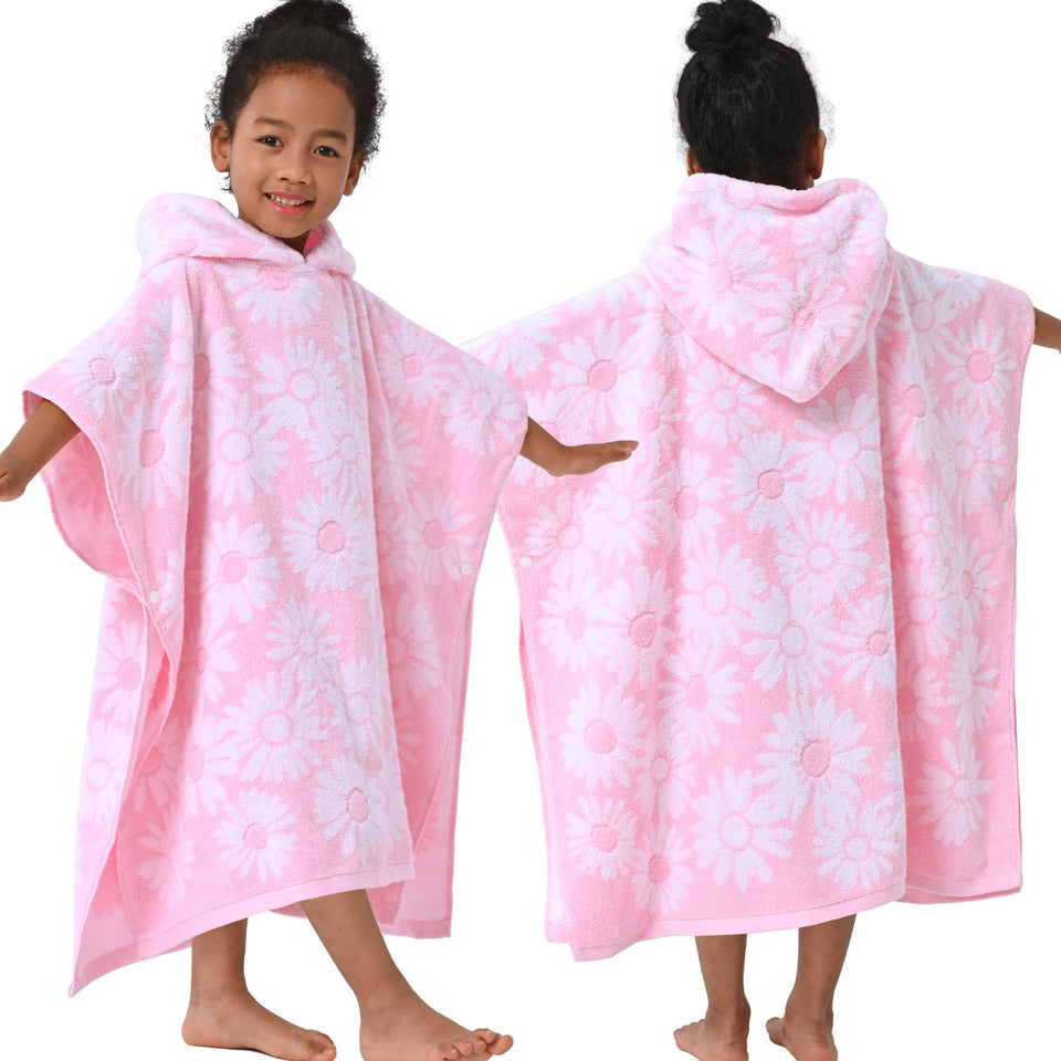 VOOVA & MOVAS thick hooded bath towel poncho in pink daisy pattern, ideal for quick drying.