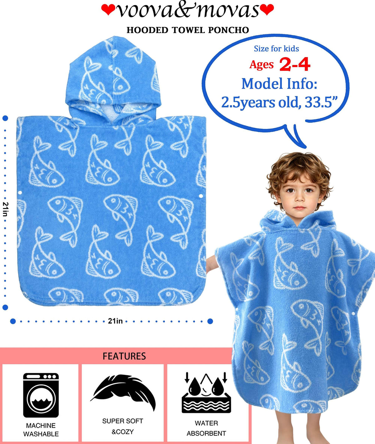 VOOVA & MOVAS absorbent cotton towel dries kids quickly after bath or pool
