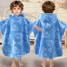 VOOVA & MOVAS toddler hooded towel with blue fish jacquard keeps kids warm after swimming