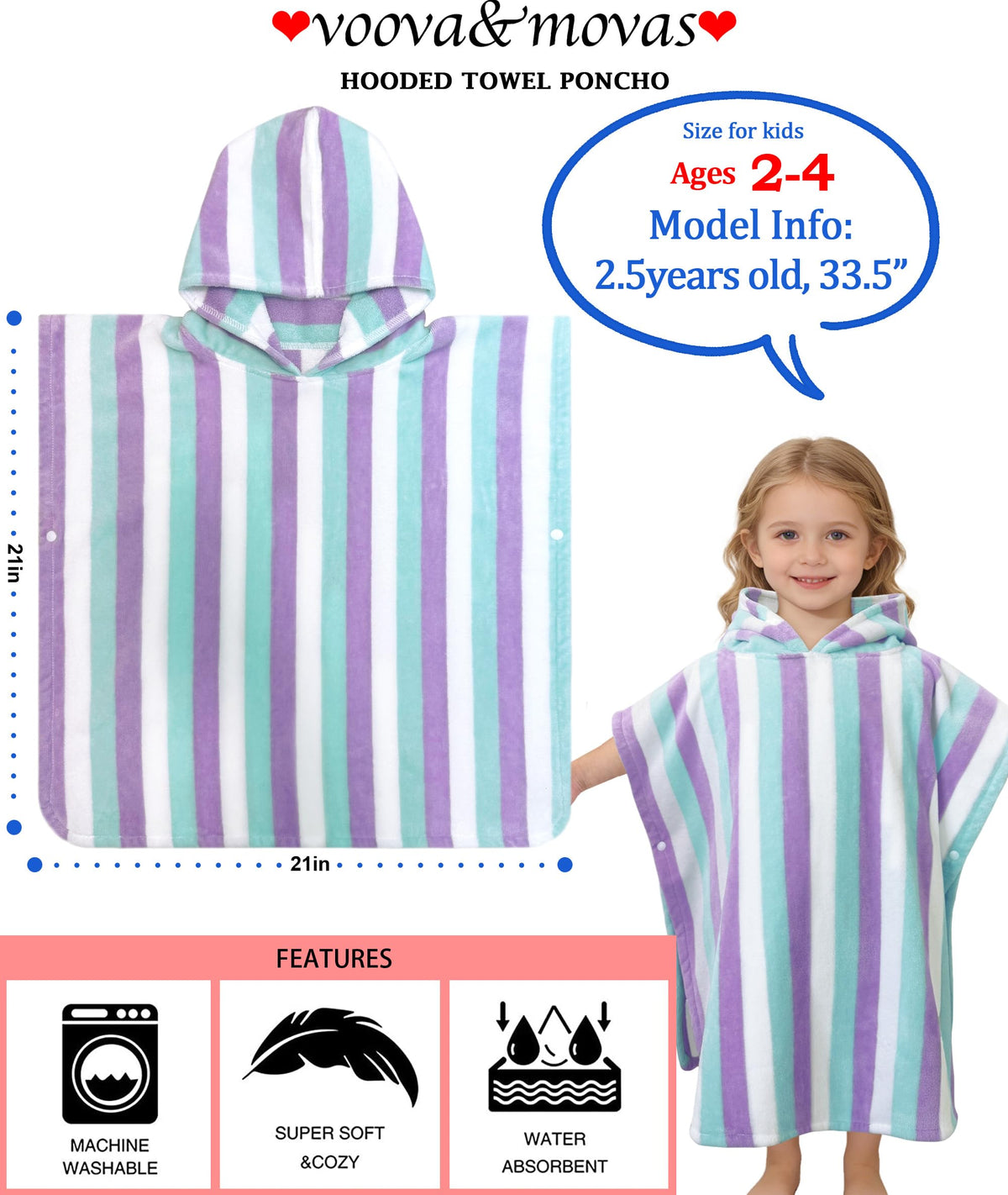 VOOVA & MOVAS hooded towel with two-button design for easy changing