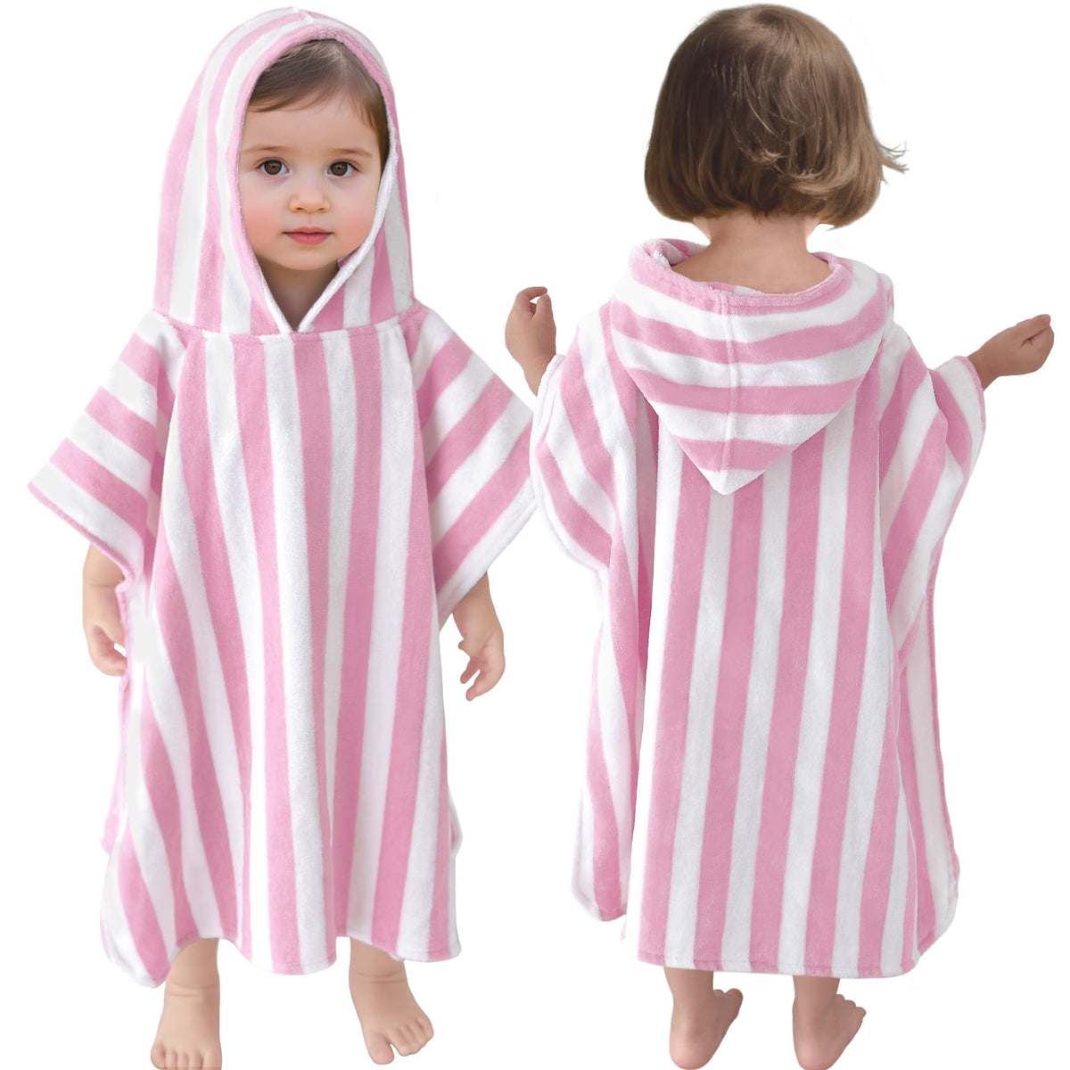 VOOVA & MOVAS toddler hooded poncho towel in pink stripe for quick drying after swimming.