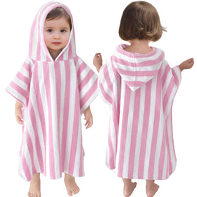 VOOVA & MOVAS toddler hooded poncho towel in pink stripe for quick drying after swimming.